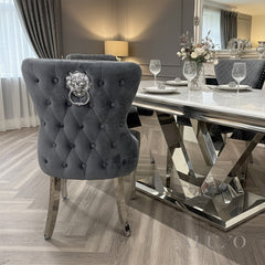ALUXO® Chelsea Dark Gery Velvet Dining Chair | Buttoned Back with Chrome Lion Knocker