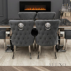 ALUXO® Chelsea Dark Gery Velvet Dining Chair | Buttoned Back with Chrome Lion Knocker