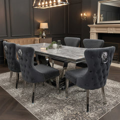 ALUXO® Chelsea Dark Gery Velvet Dining Chair | Buttoned Back with Chrome Lion Knocker