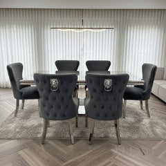 ALUXO® Chelsea Dark Gery Velvet Dining Chair | Buttoned Back with Chrome Lion Knocker
