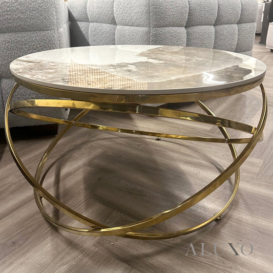 Stig Gold Round Coffee Table with Cream Sintered Stone Top – 80cm