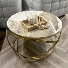 Stig Gold Round Coffee Table with Cream Sintered Stone Top – 80cm