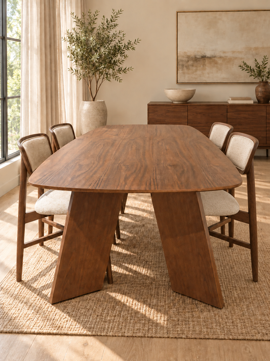 Emma 200cm Boat Shape Walnut Dining Table with Angled Slab Legs