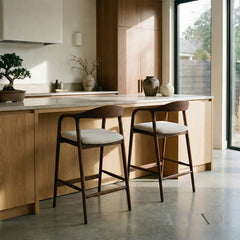 ALUXO® Tess Walnut Bar Stool with Oatmeal Bouclé Upholstery