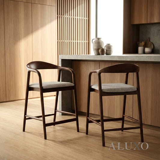 ALUXO® Tess Walnut Bar Stool with Oatmeal Bouclé Upholstery