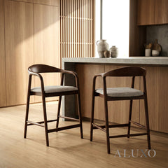 ALUXO® Tess Walnut Bar Stool with Oatmeal Bouclé Upholstery