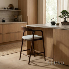 ALUXO® Tess Walnut Bar Stool with Oatmeal Bouclé Upholstery