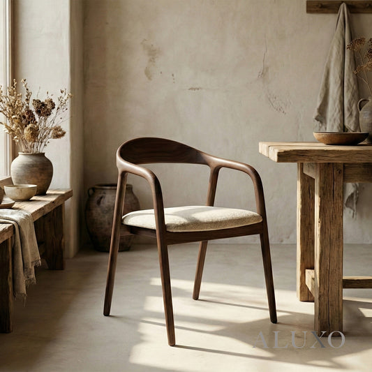 ALUXO® Tess Walnut Dining Chair in Oatmeal Bouclé – Set of 2