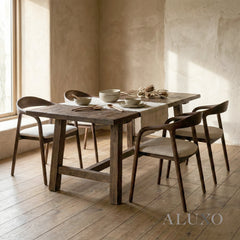 ALUXO® Tess Walnut Dining Chair in Oatmeal Bouclé – Set of 2