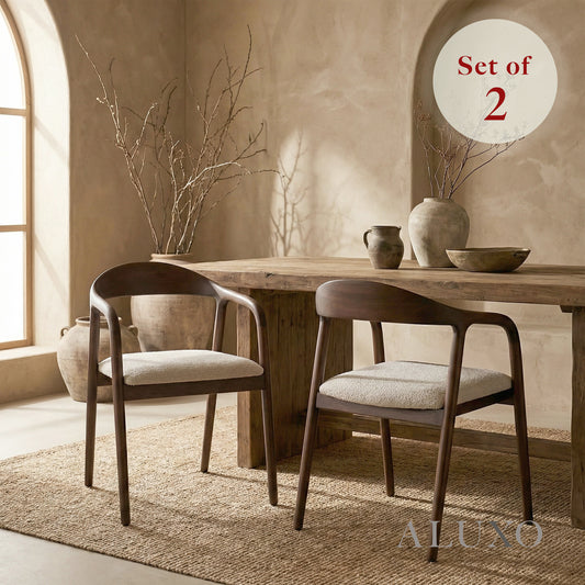 ALUXO® Tess Walnut Carver Dining Chair in Oatmeal Bouclé – Set of 2