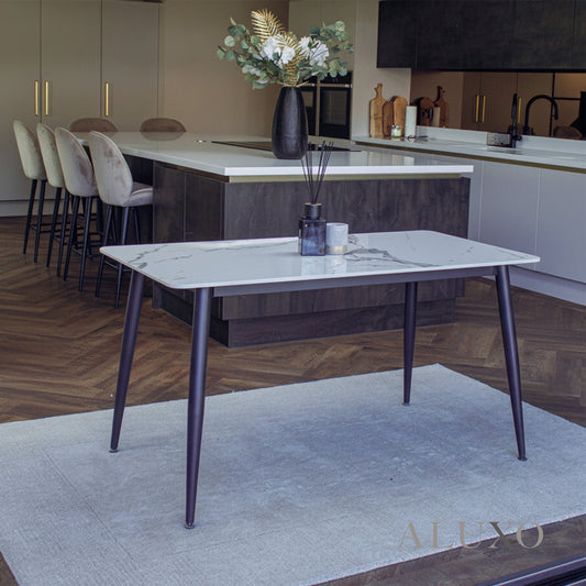 Anders 140cm Sintered Stone Dining Table with Black Legs - White / Grey