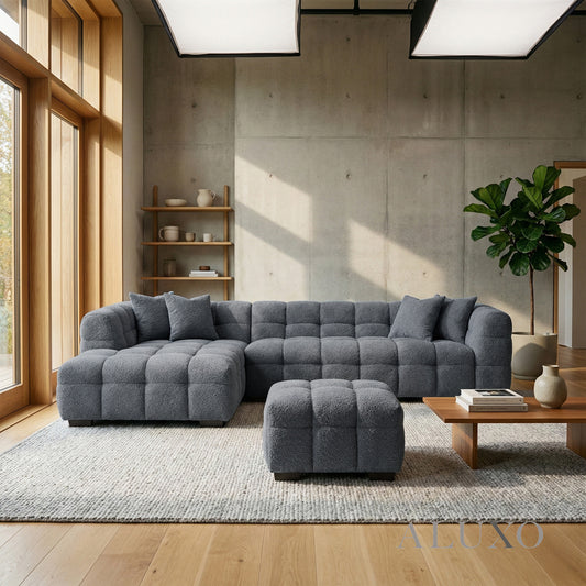 ALUXO® Tribeca Bubble Upholstered Footstool – Iron Grey Bouclé