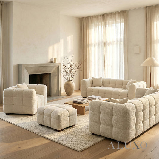 ALUXO® Tribeca Bubble Sofa Full Collection Set in Oatmeal Beige Bouclé – 3 Seater, 4 Seater Sofa, Armchair & Footstool