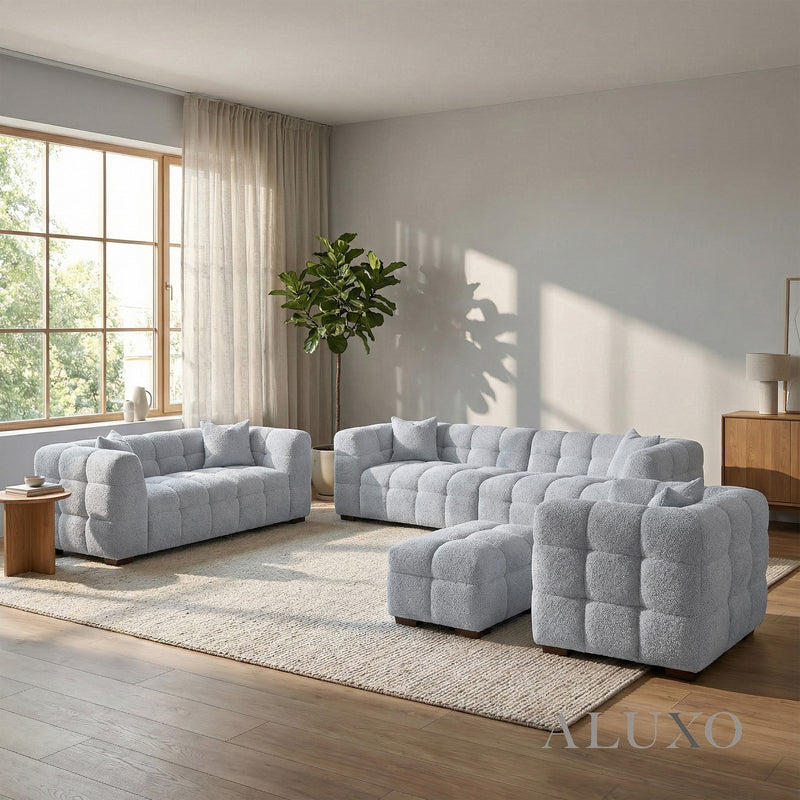 ALUXO® Tribeca Bubble Sofa Full Collection Set in Pearl Bouclé – 3 Seater, 4 Seater Sofa, Armchair & Footstool