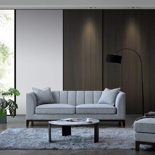 ALUXO® Cooper 3 Seater Sofa in Dolphin Grey Bouclé Fabric – Mid Century Modern Design