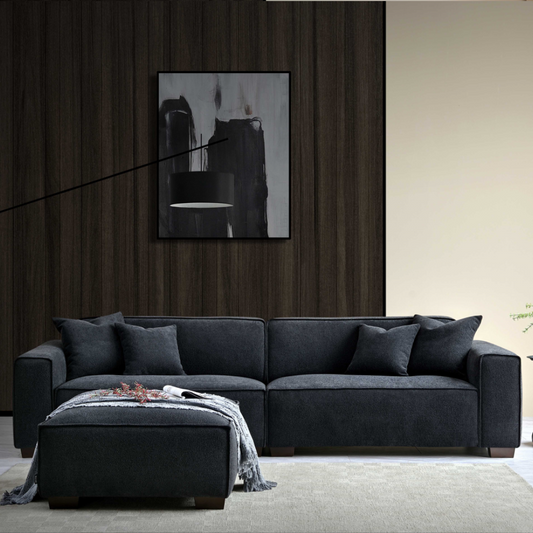 ALUXO® Dakota 4-Seater Sofa with Chaise – Midnight Black Bouclé