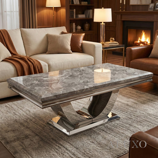 Urban 130cm Chrome Coffee Table with Light Grey Marble Top – U Stand Design