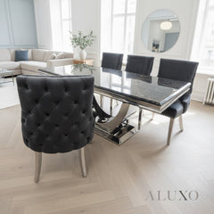 Urban 1.8m Black & Gold Marble Dining Set – Chrome U-Base Table with 4/6/8 Oskar Dark Grey Velvet Chairs