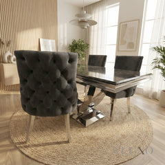 Urban 1.8m Black & Gold Marble Dining Set – Chrome U-Base Table with 4/6/8 Oskar Dark Grey Velvet Chairs
