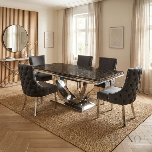 Urban 1.8m Black & Gold Marble Dining Set – Chrome U-Base Table with 4/6/8 Oskar Dark Grey Velvet Chairs
