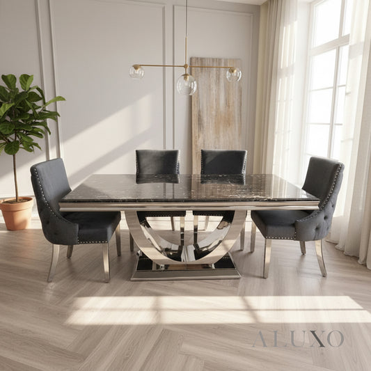 Urban 1.8m Black & Gold Marble Dining Set – Chrome U-Base Table with 4/6/8 Oskar Dark Grey Velvet Chairs
