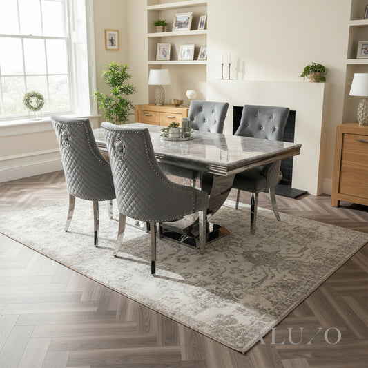 Urban 1.8m Light Grey Marble Dining Set - Chrome U Base Table with 4/6/8 Bentley Velvet Chairs