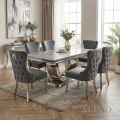 Urban 1.8m Light Grey Marble Dining Set - Chrome U Base Table with 4/6/8 Chelsea Velvet Chairs
