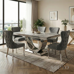 Urban 1.8m Light Grey Marble Dining Set - Chrome U Base Table with 4/6/8 Chelsea Velvet Chairs