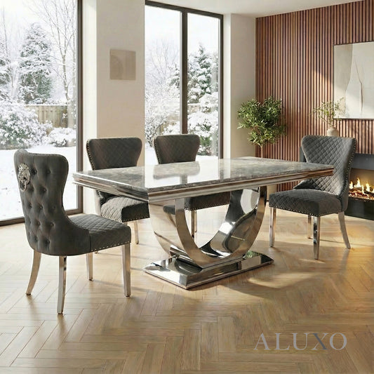 Urban 1.8m Light Grey Marble Dining Set - Chrome U Base Table with 4/6/8 Chelsea Velvet Chairs