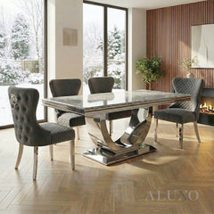 Urban 1.8m Light Grey Marble Dining Set - Chrome U Base Table with 4/6/8 Chelsea Velvet Chairs