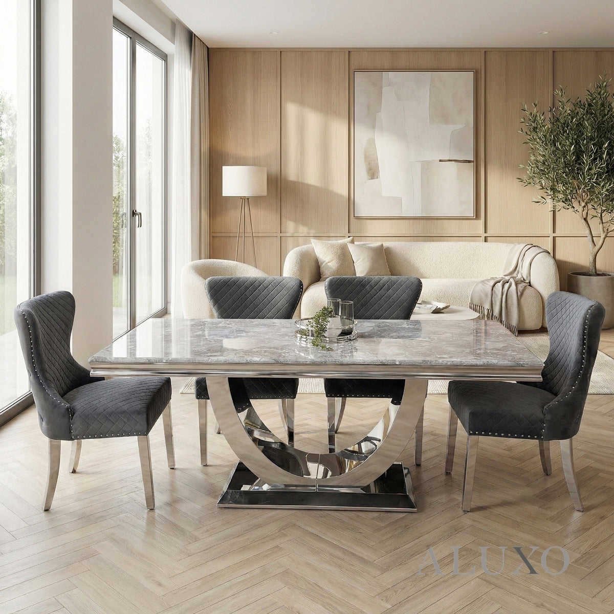 Urban 1.8m Light Grey Marble Dining Set - Chrome U Base Table with 4/6/8 Chelsea Velvet Chairs