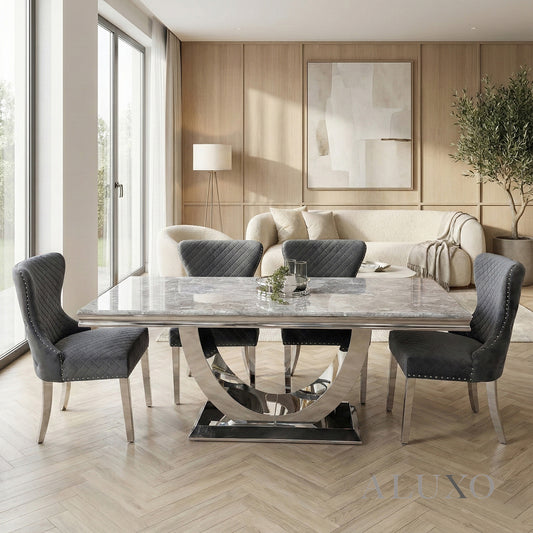 Urban 1.8m Light Grey Marble Dining Set - Chrome U Base Table with 4/6/8 Chelsea Velvet Chairs