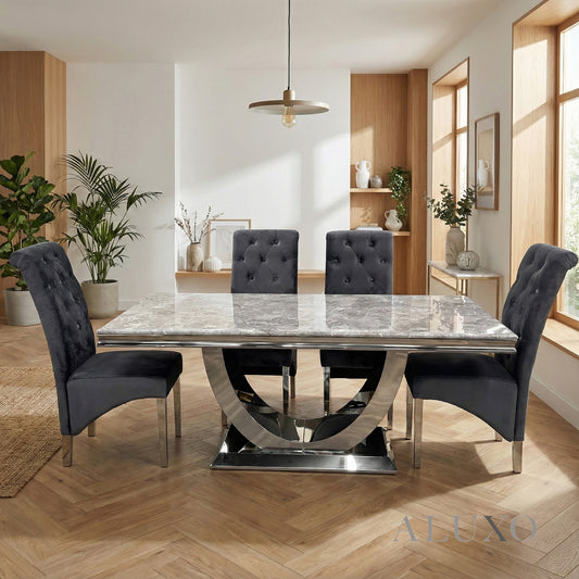 Urban 1.8m Light Grey Marble Dining Set - Chrome U Base Table with 4/6/8/10 Einar Grey Velvet Chairs