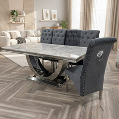 Urban 1.8m Light Grey Marble Dining Set - Chrome U Base Table with 4/6/8/10 Einar Grey Velvet Chairs
