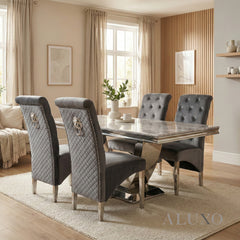 Urban 1.8m Light Grey Marble Dining Set - Chrome U Base Table with 4/6/8/10 Einar Grey Velvet Chairs