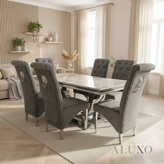 Urban 1.8m Light Grey Marble Dining Set - Chrome U Base Table with 4/6/8/10 Einar Grey Velvet Chairs