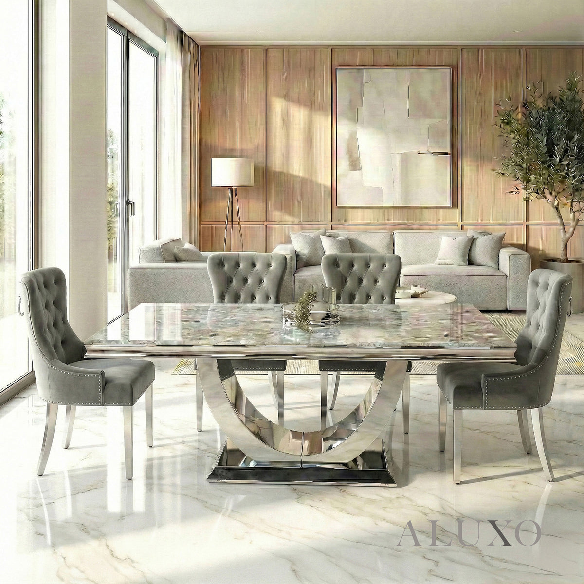 Urban 1.8m Light Grey Marble Dining Set – Chrome U Base Table with 4/6/8 Megan Dark Grey Velvet Chairs