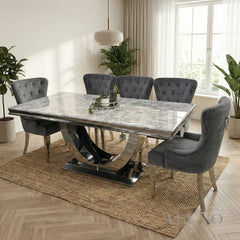 Urban 1.8m Light Grey Marble Dining Set – Chrome U Base Table with 4/6/8 Megan Dark Grey Velvet Chairs