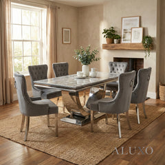 Urban 1.8m Light Grey Marble Dining Set – Chrome U Base Table with 4/6/8 Megan Dark Grey Velvet Chairs
