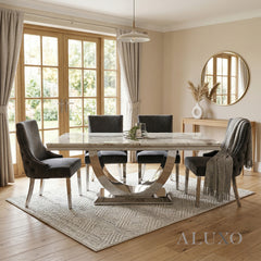 Urban 1.8m Cream Marble Dining Set – Chrome U-Base Table with 4/6/8 Oskar Dark Grey Velvet Chairs