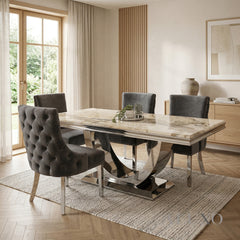 Urban 1.8m Cream Marble Dining Set – Chrome U-Base Table with 4/6/8 Oskar Dark Grey Velvet Chairs