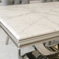 Urban 1.8m White Marble Dining Set – Chrome U Base Table with 4/6/8 Bentley Grey Velvet Chairs
