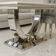 Urban 1.8m White Marble Dining Set – Chrome U Base Table with 4/6/8 Bentley Grey Velvet Chairs