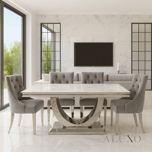 Urban 1.8m White Marble Dining Set – Chrome U Base Table with 4/6/8 Bentley Grey Velvet Chairs