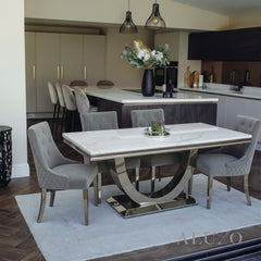 Urban 1.8m White Marble Dining Set – Chrome U Base Table with 4/6/8 Bentley Grey Velvet Chairs