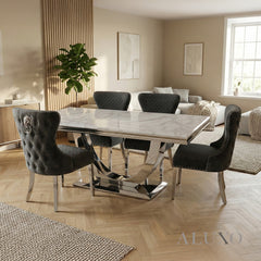 Urban 1.8m White Marble Dining Set - Chrome U Base Table with 4/6/8 Chelsea Grey Velvet Chairs