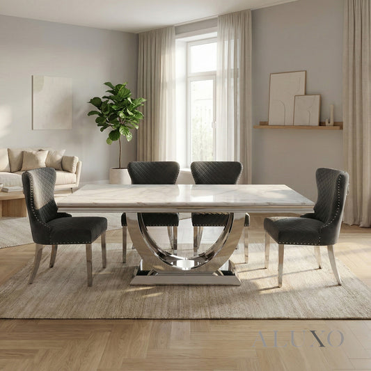 Urban 1.8m White Marble Dining Set - Chrome U Base Table with 4/6/8 Chelsea Grey Velvet Chairs