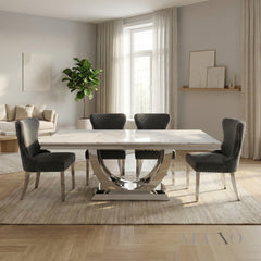 Urban 1.8m White Marble Dining Set - Chrome U Base Table with 4/6/8 Chelsea Grey Velvet Chairs