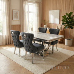 Urban 1.8m White Marble Dining Set - Chrome U Base Table with 4/6/8 Chelsea Grey Velvet Chairs