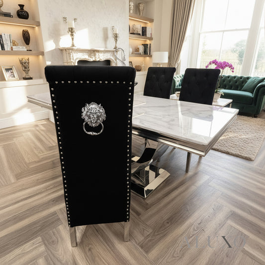 180cm Urban White Marble Dining Table with Chrome U Base & 4/6/8/10 Einar Black Velvet Lion Chairs